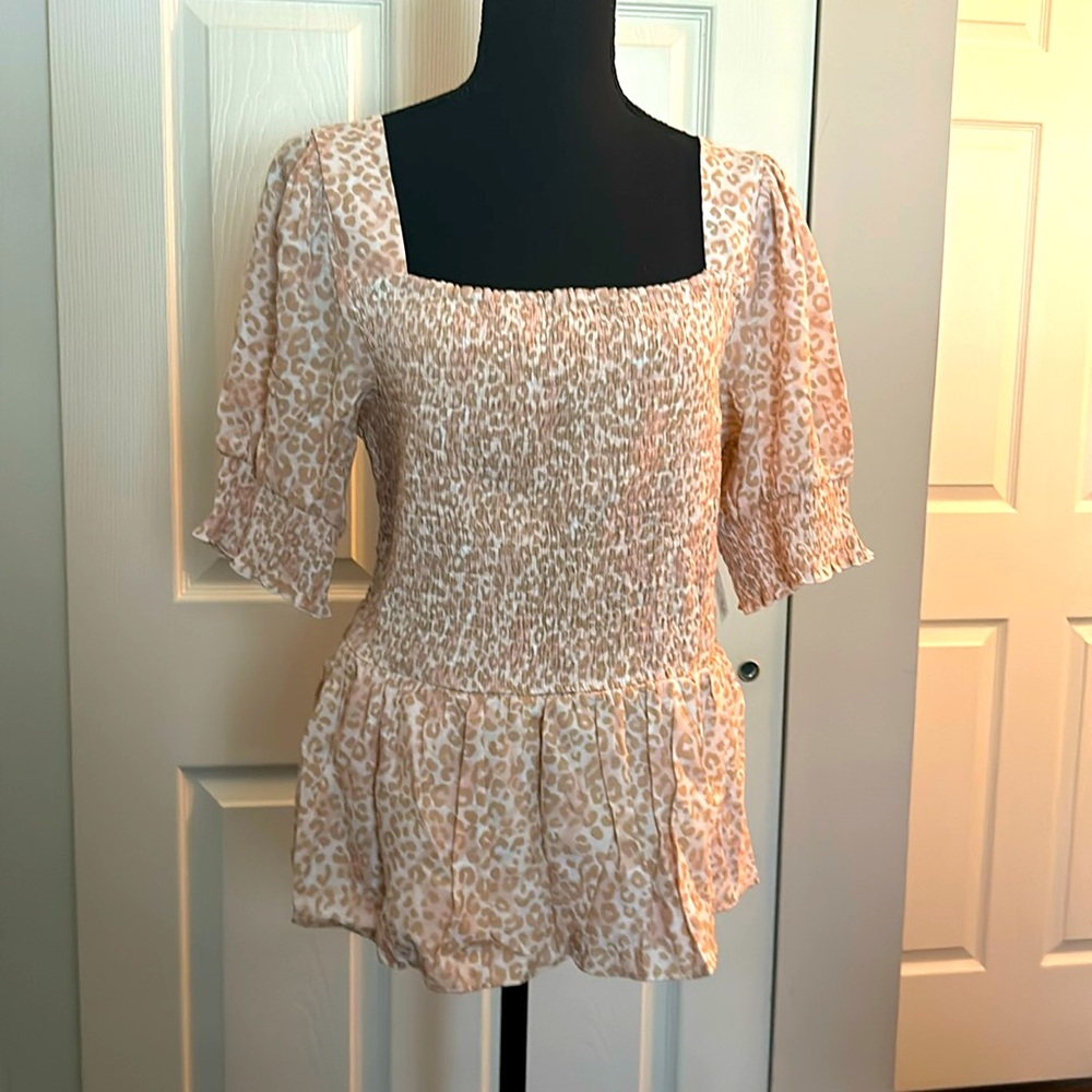 Nine West Smocked Puff Sleeve Summer Blouse
